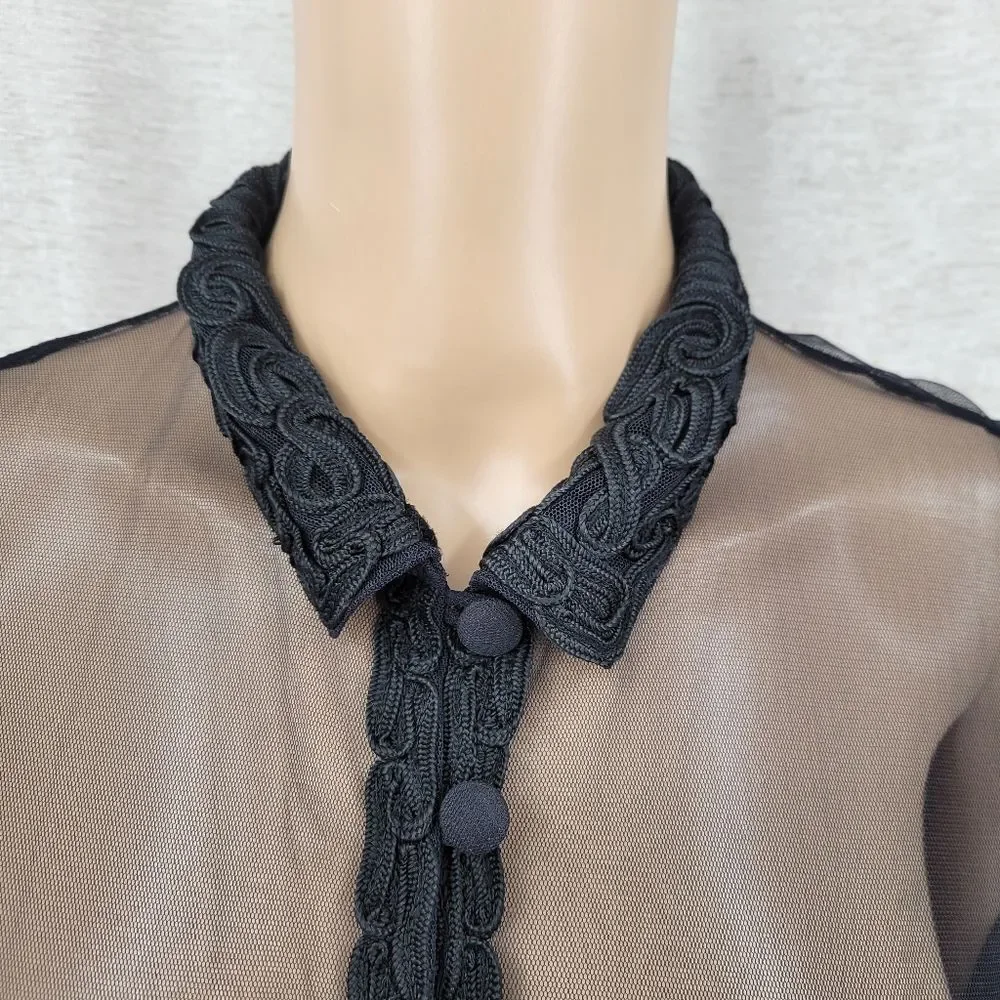 Vintage Sheer Black Soutache Embroidery Button Up Blouse Mobwife Mesh  Illusion
